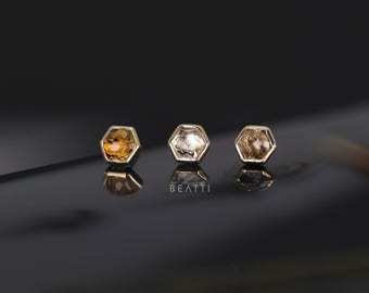 Aria • Natural Gemstone Threadless Ends • Hexagon Gemstone Flat Back Earrings • 925 Sterling Silver with 14K Gold Vermeil • Titanium Post