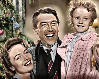 Custom Digital Oil Painting from the Classic Christmas Movie It's a Wonderful Life - Mary - George - Zuzu - DIGITAL DOWNLOAD