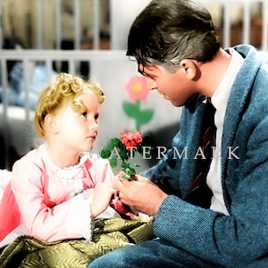 May include: A man in a blue suit gives a red rose to a young girl in a pink dress. The girl is sitting in a bed and the man is standing next to her.