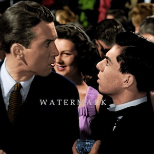 May include: A group of people in formal attire, including a man in a dark suit with a striped tie, a woman in a purple dress, and a man in a black suit with a white bow tie. The man in the dark suit is talking to the man in the black suit, while the woman looks on.