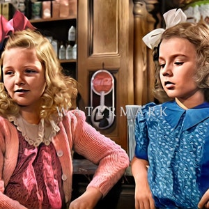 May include: Two young girls wearing pink and blue dresses with bows in their hair. The girl on the left is wearing a pink cardigan and the girl on the right is wearing a blue dress with a white collar. They are sitting at a counter in a store.