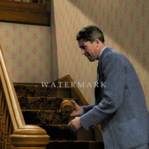 May include: A man in a blue suit jacket is walking down a wooden staircase with a patterned carpet. The walls are covered in floral wallpaper.