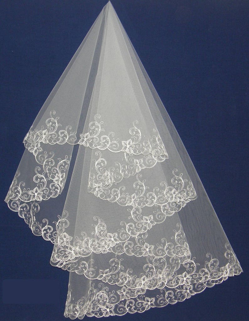 Two tier embroidered wedding veil Veil with blusher Lace Etsy