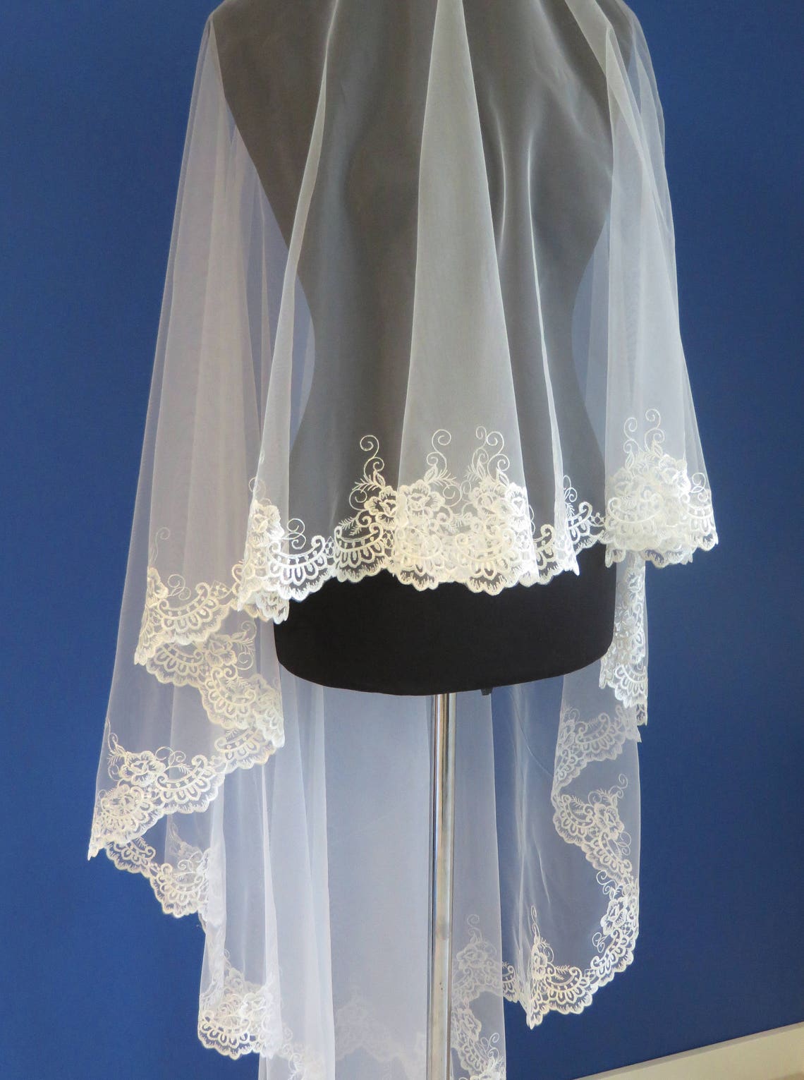Drop Wedding Veil Lace Applique Veil Scallop Lace Veil Etsy