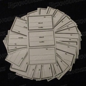 May include: A collection of rectangular white paper labels arranged in a circular pattern. Each label features a black border and printed lines with the text No., Mineral, and Locality, designed for organizing and identifying mineral specimens.