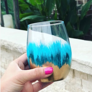 Teal and Gold painted stemless wine glass/ birthday gift/ wedding glasses/ bachelorette glass/ bridal party/ hand painted glass/ ombré vase