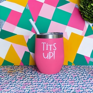 May include: A pink insulated tumbler with a silver rim and a white straw. The tumbler has the words "Tits Up!" in white lettering. The background features a colorful geometric pattern with pink, green, yellow, and white shapes.