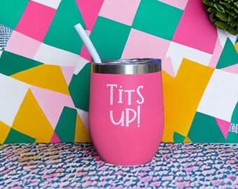 Vaso rosa "Tetas Arriba", regalo para aumento de senos, regalo para cáncer de mama, sobreviviente de cáncer de mama, regalo divertido y alentador, regalo para mamografía, divorcio