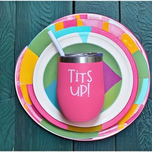 May include: A pink insulated tumbler with the text "Tits Up!" in white, resting on a stack of colorful plates. The plates have a mix of geometric patterns and colors, including pink, green, yellow, and blue. A white straw is in the tumbler.