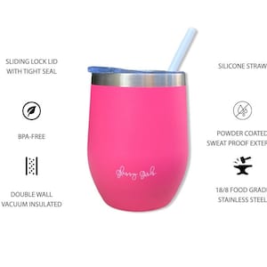 May include: A bright pink insulated tumbler with a sliding lock lid and a silicone straw. The tumbler is double-walled, vacuum insulated, and made of 18/8 food-grade stainless steel. The exterior is powder-coated and sweat-proof. The tumbler is BPA-free.