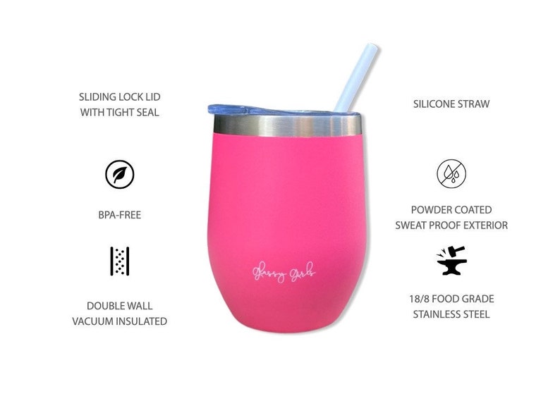 May include: A bright pink insulated tumbler with a sliding lock lid and a silicone straw. The tumbler is double-walled, vacuum insulated, and made of 18/8 food-grade stainless steel. The exterior is powder-coated and sweat-proof. The tumbler is BPA-free.