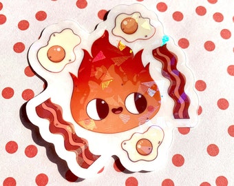 Cute 3" Calci Breakfast Fire Transparent Sparkle Vinyl Sticker | Kawaii Fire Demon | Howl | Castle | Breakfast | Eggs Bacon | Cute sticker