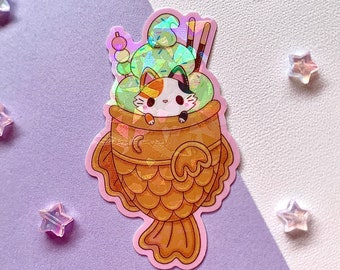 3" Cutie Taiyaki Cat Vinyl Sticker | Calico Kitty | Kawaii Snack stickers | Cute Animal stickers | Japanese Snacks | Taiyaki Ice Cream