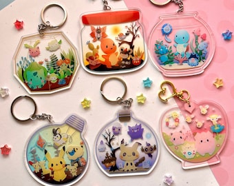 Poke Terrarium Acrylic Keychains | Cute video game pocket monster acrylic charm | Fish bowl Snow Globe Jar Perfume Bottle Charm | Gamer