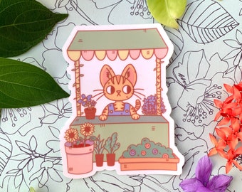 Cute 3" Flower Shop Cat Transparent Vinyl Sticker | Kawaii Yellow Tabby Sticker | Adorable Kitty Waterproof Transparent Sticker | Gardener