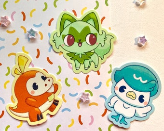 Cute 3" Poke Starters Glossy Vinyl Stickers | Kawaii stickers | Water bottle stickers | Grass Gatito | Water Quack Duck | Fire crocodile