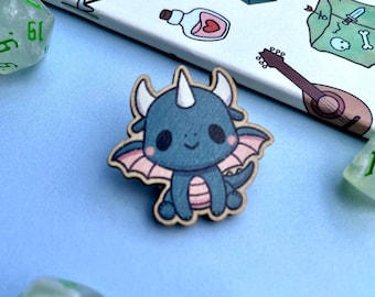 1.25" Geeky Wood Dragon Pin  | Cute Kawaii Wood Pin | Adorable Baby Dragon | RPG | DnD | Fantasy | Magical Creature ita bag accessory |