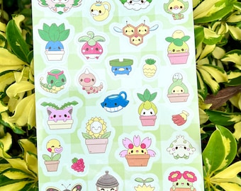 A5 Size Cute Gamer Poke Garden Vinyl Sticker Sheet | Cute videogame Stickers | Kawaii Vinyl Sticker Sheet | Bug and Grass poke | Gardening