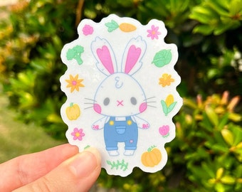 Cute 3" Farmer Bunny Transparent Vinyl Sticker | Kawaii Flower Rabbit | Adorable Fruits Vegetables Waterproof Transparent Sticker | Gardener