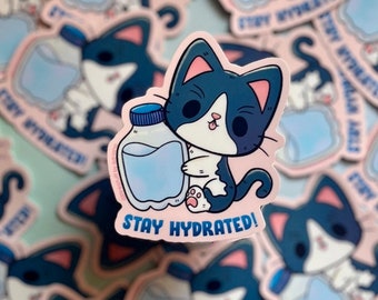 Stay Hydrated Cute Tuxedo Cat Waterproof vinyl Sticker | Adorable Self Care Drink Water Kitty Sticker | Pegatina de Gatito Bebe Agua