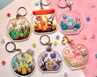 Cute  Poke Terrarium Double Sided Acrylic Keychain | Kawaii pocketmonster charm | Ita bag | Adorable gamer accessory | Videogame merch