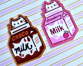 3" Chocolate Milk Strawberry Milk Vinyl Sticker | Cute Animal Stickers | Kawaii planner stickers | Kitty Water bottle stickers | Snack Cats