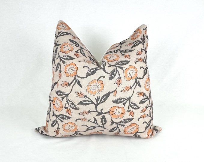 Handmade Marigold Floral Pillow Cover: Beige Blockprint, 18x18