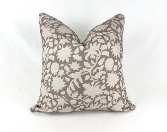 Handmade Floral Blockprint Pillow Cover: Soft Brown Farmhouse Square Pillow (18x18)
