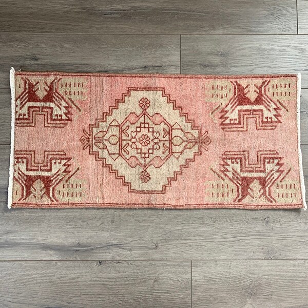 Small Vintage Oushak Rug  |  2'9" x 1'3" | Turkish Oushak |  Pink Turkish Rug