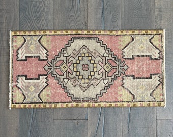 Small Vintage Rug -  3 x 1, Pastel Wool Rug, Door Mat, Kitchen Rug, Bathroom Rug, Wool Rug, Turkish Rug (2’10” x 1’5”)