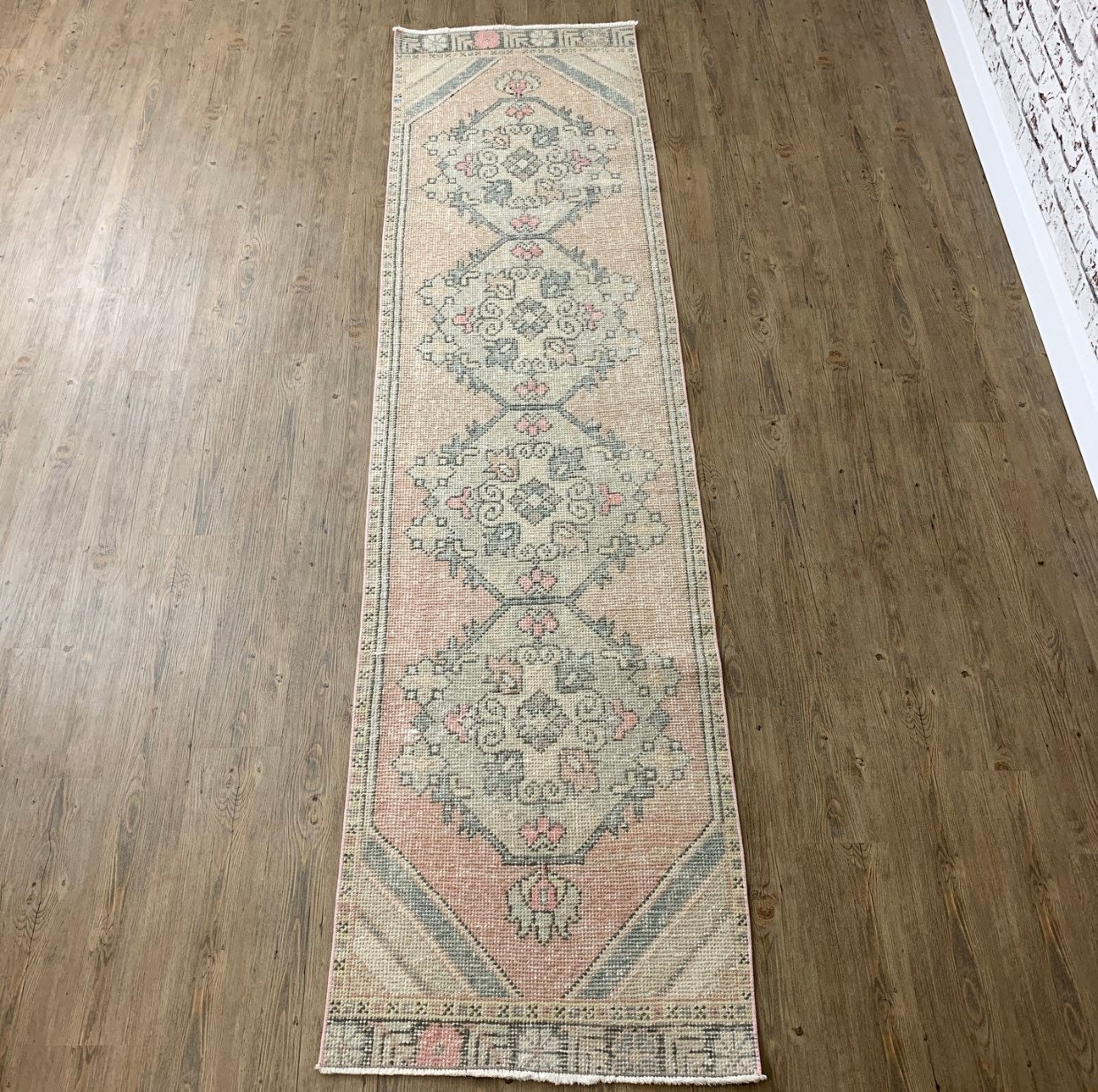 8'10 x 2'3 Vintage Turkish Runner Faded Pale Pink Vintage Turkish Runner