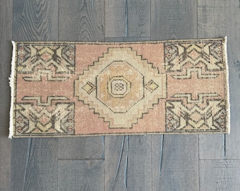 Small Vintage Rug -  3 x 1, Pastel Wool Rug, Door Mat, Kitchen Rug, Bathroom Rug, Wool Rug, Turkish Rug (2’10” x 1’3”)