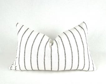 GULL | Neutral Cream and Black Lumbar Pillow | Handmade Blockprint Pillow | Farmhouse Pillow, Neutral Stripe, Black Stripe | 12 x 20 Pillow