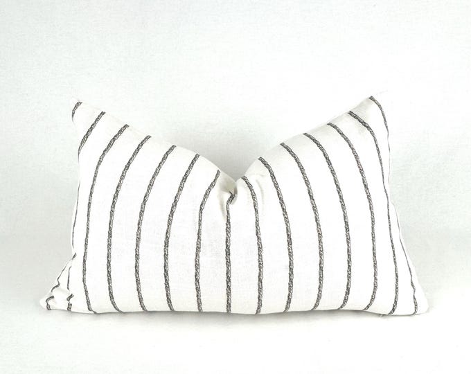 GULL | Neutral Cream and Black Lumbar Pillow | Handmade Blockprint Pillow | Farmhouse Pillow, Neutral Stripe, Black Stripe | 12 x 20 Pillow