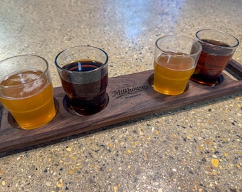 Custom Beer Flight Board with 4 Glasses – Personalized Walnut or Maple – Engraved Logo Gift – Home Bar, Brewery, Groomsmen, Beer Lover Gift