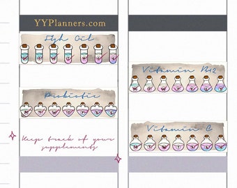 Printable Vintage Vitamin / Supplement / Pill Reminder Stickers, 4 Designs, Tracker Stickers for ECLP Vertical, Happy Planner, Kikki K, BUJO