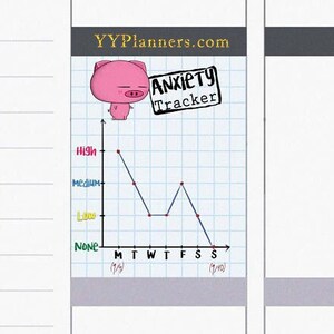 Könnte beinhalten: Ein Planer-Aufkleber mit einem rosa Schweinchen-Cartoon und dem Text "Anxiety Tracker". Der Aufkleber zeigt ein Diagramm, das die Angstzustände über eine Woche darstellt, mit Datumsangaben.