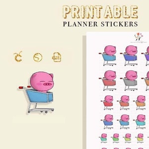 Printable Kawaii Grocery Shopping Planner Stickers, Pig Stickers, Shopping Cart Stickers, Groceries /Grocery Stickers, Silhouette & Cricut