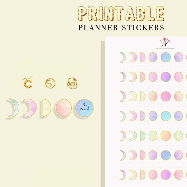 Printable Glitter Moon Phases Stickers, Astrology stickers, Galaxy Planner Stickers, Digital Die Cuts for Planners, Bujo, TN & Scrapbooking