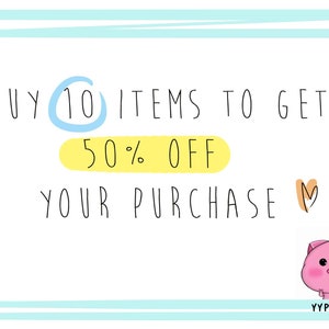 May include: Buy 10 items to get 50% off your purchase. A pink cartoon pig with a heart next to it. The text "YYPLANERS" is below the pig.