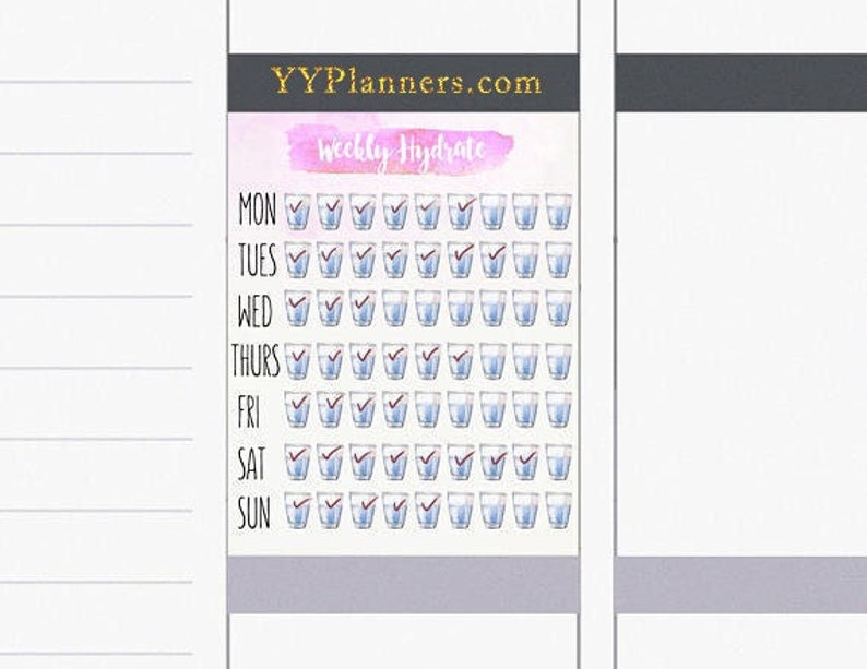 May include: A printable weekly hydration tracker with a pink watercolor background. The tracker has a list of days of the week, Monday through Sunday, with a row of 8 glasses of water for each day. Each glass has a checkmark to indicate that the water has been consumed.
