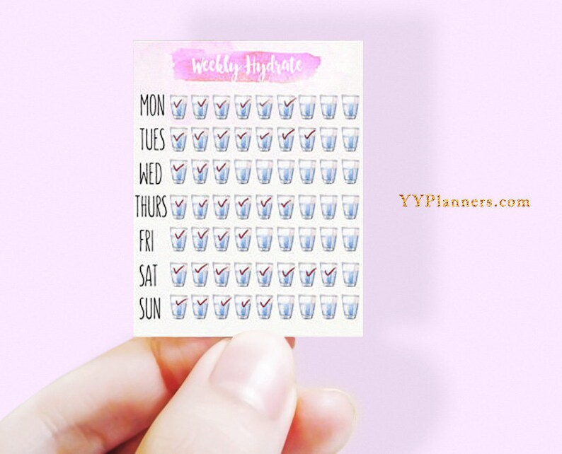May include: A weekly hydration tracker with a watercolor background. The tracker has a list of days of the week: Monday, Tuesday, Wednesday, Thursday, Friday, Saturday, and Sunday. Each day has 8 water glasses with checkmarks to track water intake.