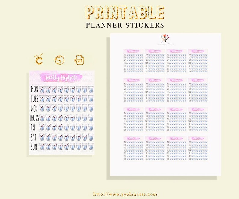 May include: Printable planner stickers with a pink and white watercolor design. The stickers feature a glass of water with a checkmark for each day of the week. The text "Weekly Hydrate" is at the top of the sticker.