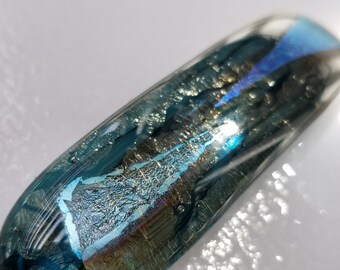 Abstract iridized teal fused glass hair barrette for THICK HAIR w silver shimmery dichroic glass Womans Teal Fused Glass Hair Barrette U34
