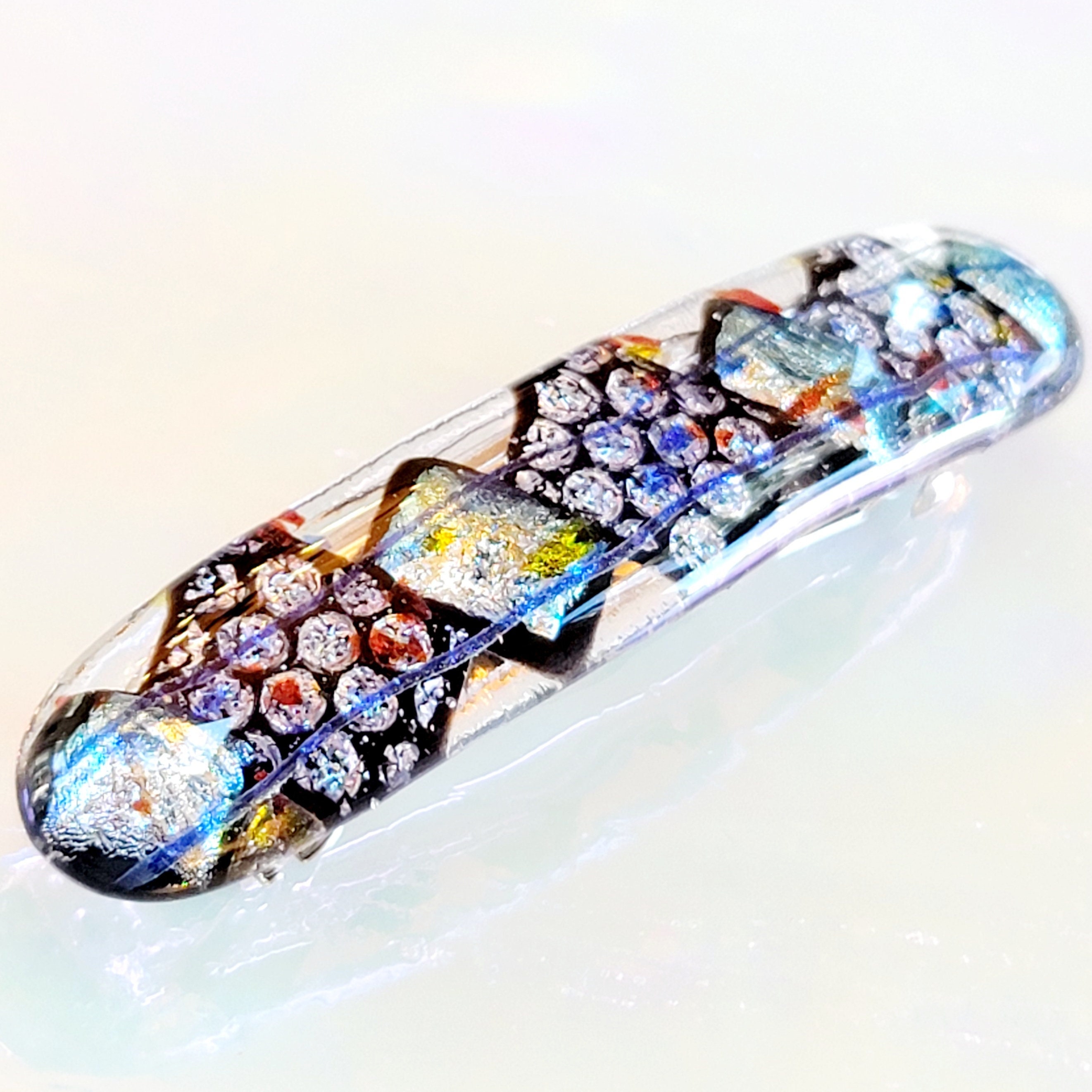 MEDIUM to slightly THICK pony pretty shimmery silver with touches of pink dichroic fused glass hair barrette   Sky Forest Art Glass