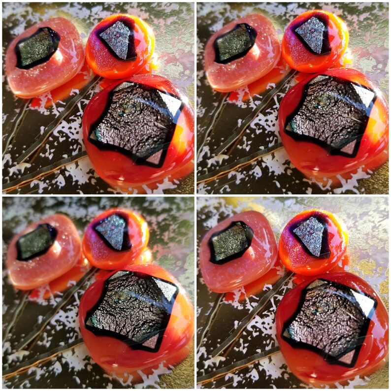 Art Deco GIGANTIC Hair GEMS w 3D brilliant sparkly dichroic fused glass Golden Orange color Shifting Womens Hair Gems Set for Woman T50