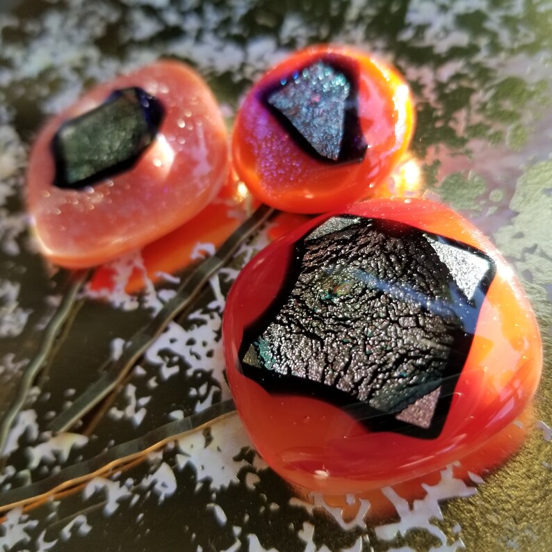 Art Deco GIGANTIC Hair GEMS w 3D brilliant sparkly dichroic fused glass Golden Orange color Shifting Womens Hair Gems Set for Woman T50