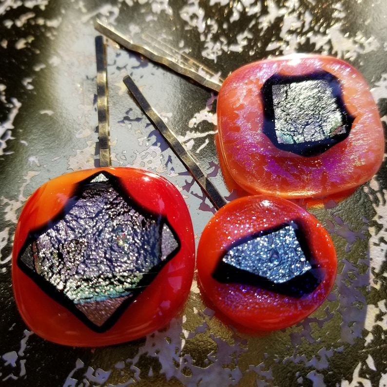 Art Deco GIGANTIC Hair GEMS w 3D brilliant sparkly dichroic fused glass Golden Orange color Shifting Womens Hair Gems Set for Woman T50