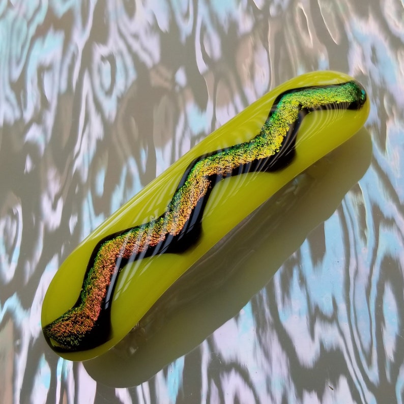 Abstract color shifting shimmery rainbow dichroic fused glass yellow hair barrette Kiln Fired Sparkly Zig Zag Med Womens Hair Barrettes R38