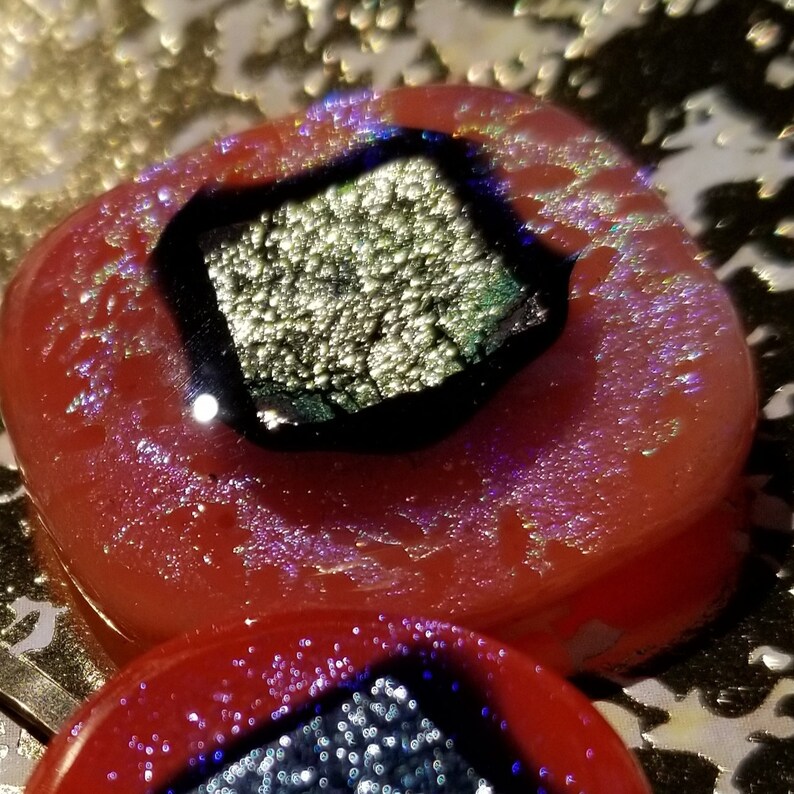 Art Deco GIGANTIC Hair GEMS w 3D brilliant sparkly dichroic fused glass Golden Orange color Shifting Womens Hair Gems Set for Woman T50